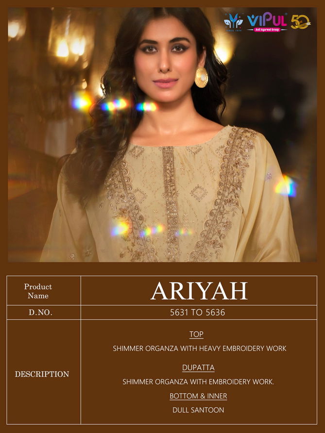 Ariyah By Vipul Organza Embroidery Designer Salwar Kameez Wholesale Market In Surat 